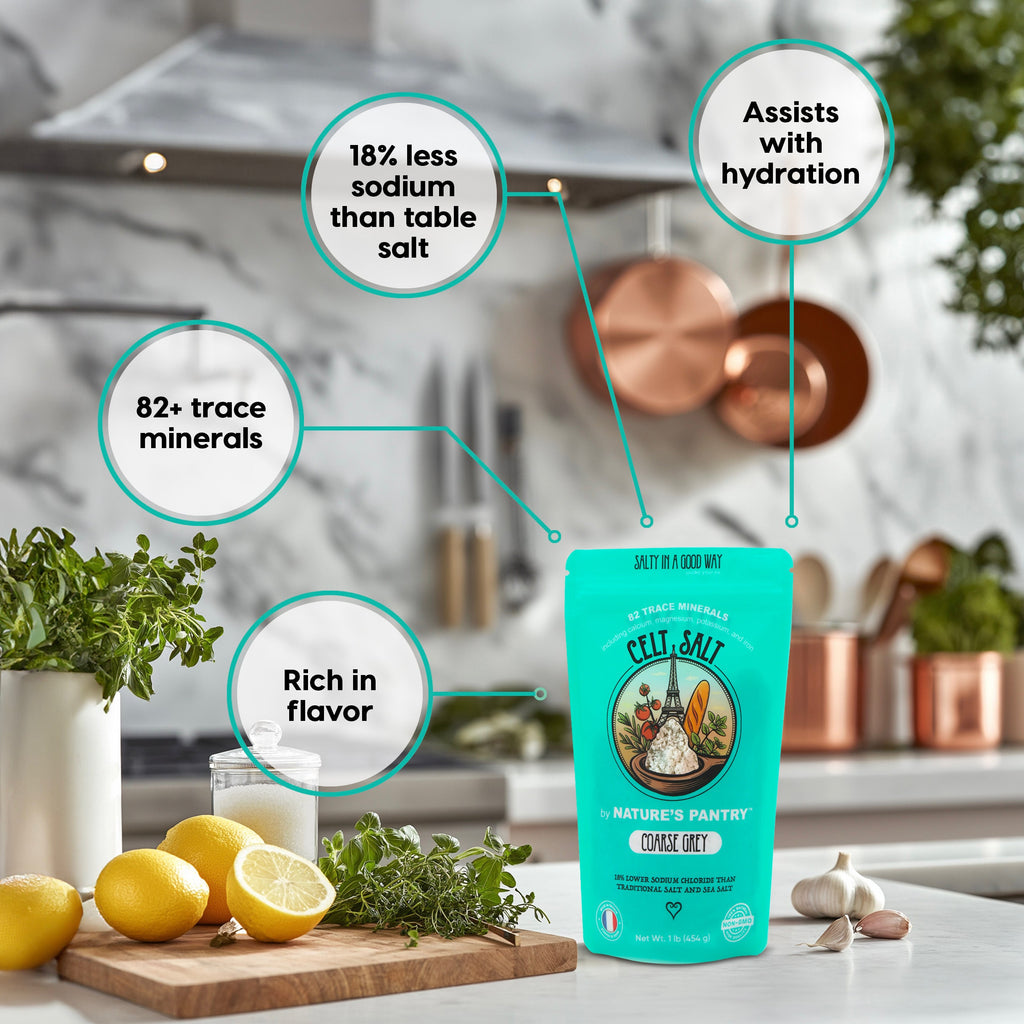 Teal package of Celtic Salt on a kitchen counter with lemon and herbs, featuring text about salt benefits.